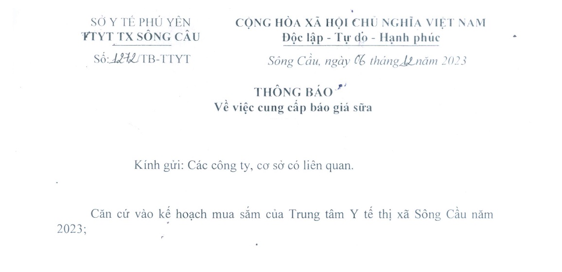 Thông báo Về việc cung cấp báo giá sữa